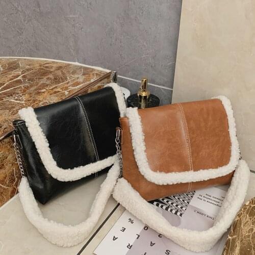 Fashion Splicing PU Plush Shoulder Handbag Autumn Women Large Capacity Top-handle Bag Street Vintage Tote Satchel