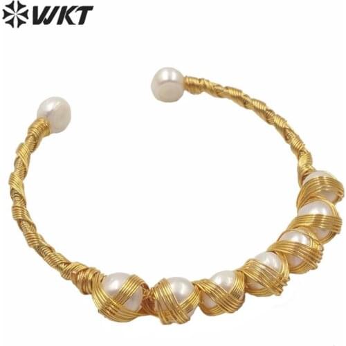 MPB011 Popular gold fashion hand make wire wrapped pearl bangle bracelet lady gold wrapped pearl cuff bangle as gift jewelry