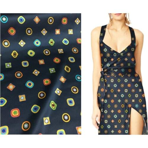 New geometric wave dot printing silkworm silk clothing cheongsam material heavy elastic silk satin fabric 97% silk +3% spandex