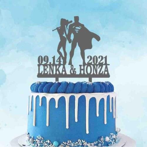Personalized Super Hero Wedding Cake Topper Custom Couple Name Wedding Date Super Bride and Groom Cartoon Wedding Cake Topper