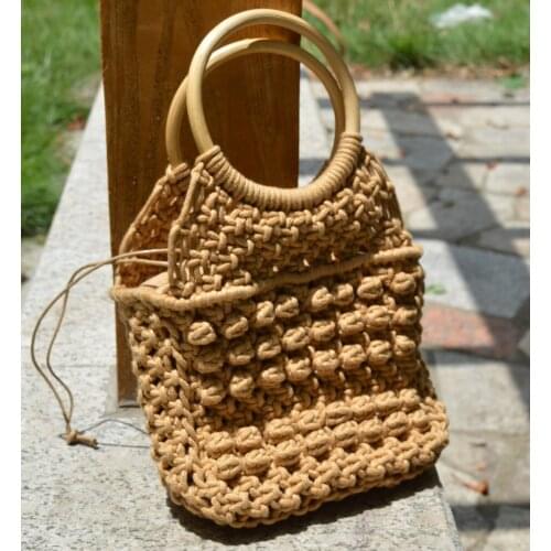 Casual Hollow Rope Woven Women Handbags Wooden Round Handbags Hand Bags Summer Beach Straw Bag Large Capacity Tote Purses 2021
