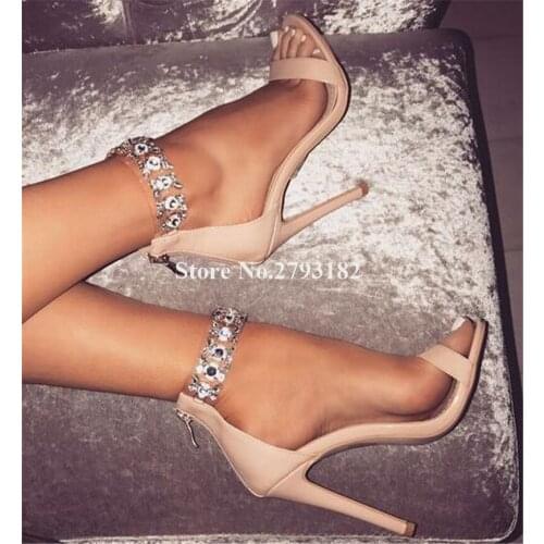 Bling Bling Fashion Ankle PVC Straps Beaded Stiletto Heel Sandals Rhinestone Decorated One Strap High Heel Sandals Wedding Heels