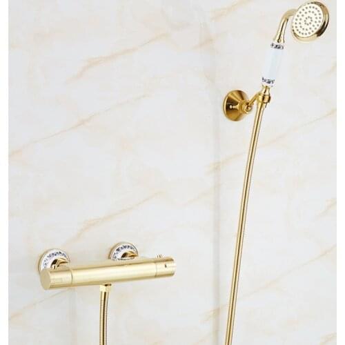 Bathroom Thermostatic Shower Faucet Set Gold Brass Bathroom Bathtub Shower Faucet Bath Shower Tap Shower Head Wall Mixer Taps