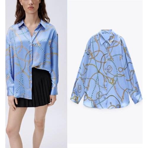 Za 2021 Blue Print Fashion Womens Shirts Long Sleeve Button Up Summer Vintage Blouse Woman Loose Casual Lapel Collar Ladies Tops