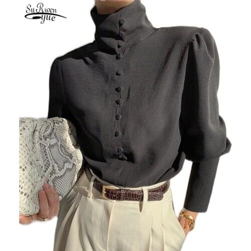 2021 Office Lady Turtleneck Lantern Sleeve Shirts for Women New Fashion Black Women Blouse Button Solid Female Clothing 12882