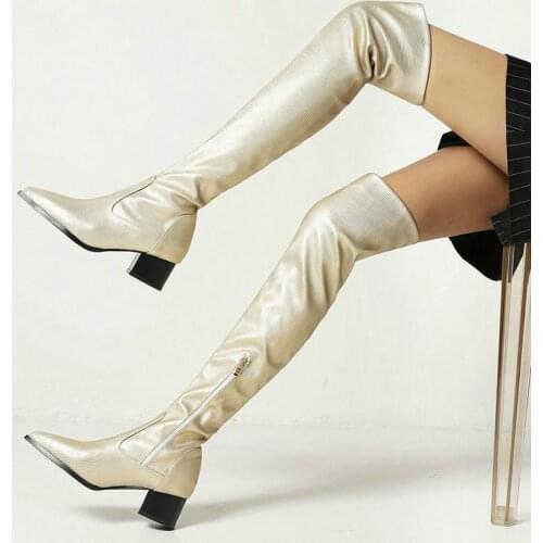 2021 Women Over the Knee Boots Faux Leather Square Heel Long Boots Fashion Pointed Toe Zipper Ladies Thigh Boots Plus Size 34-45