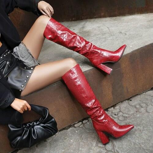 Sianie Tianie 2021 New Pointed Toe Block High Heels Knee High Booties Woman Shoes Pleated Female Riding Boots Big Size 33-48