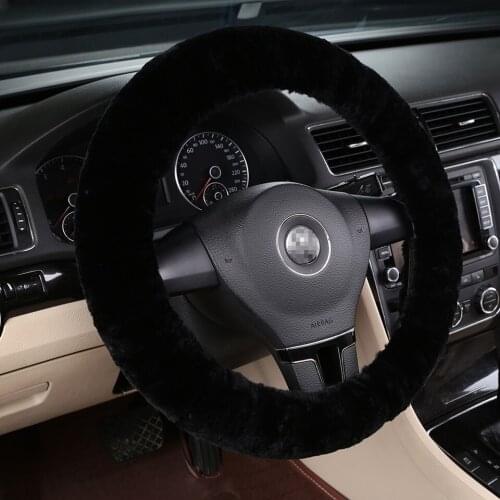 100% Natural Sheepskin Wool Stretch-On Winter Car Steering Wheel Cover 36 38 40cm Black Interior Accessories AutoStyling