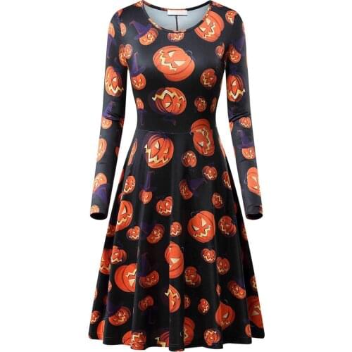 2019 Fast Sending Girl Women Long Sleeve Pumpkins Skull Dress Halloween Evening Prom Costume Swing Dress Party Props