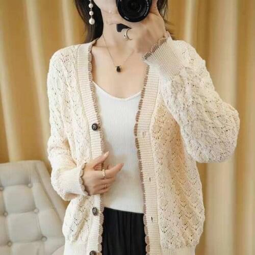 2021 Spring and Autumn New Knitted Hollow Cardigan Womens Jacket Long Sleeve Sweater Loose Cardigan Jacket Women