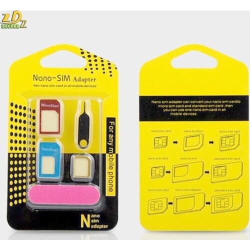 5in1 Nano Micro Standard Sim Card Adapter Kit Converter With Sander Bar Tray Open Needle Tools For phone with Retail Box 500set