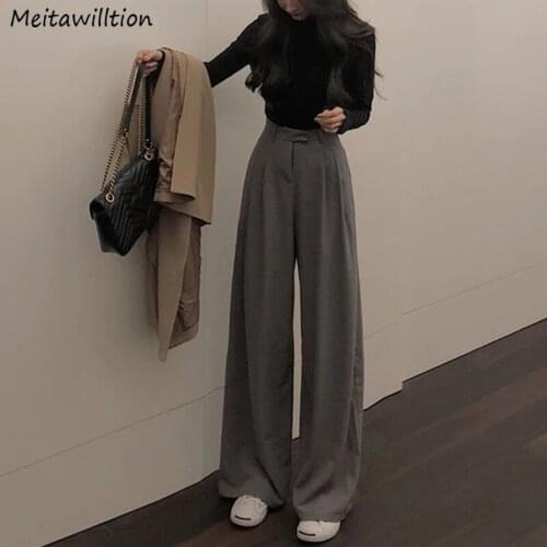 2021 Summer Autumn Casual Women Suit Pants Ladies Black Khaki High Waist Trousers Wide Leg Loose Pants