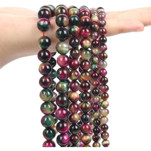 Natural Stone Beads Tourmaline Tiger Eye Smooth Round Loose Space Beads for Jewelry Making Bracelets Necklace Earrings 6/8/10MM
