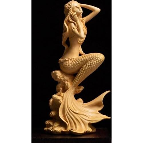 Escultura de sirena de madera tallado a mano pura tallado de boj, 15/19cm, decoración del hogar, artesanía de tallado para ofici