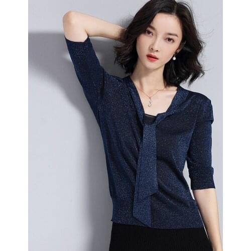 Elegant Womens Bright Silk V Neck Short Sleeve Knitted Pullover Tee Base Artificial Silk Thin Sweater Top Women Jumper