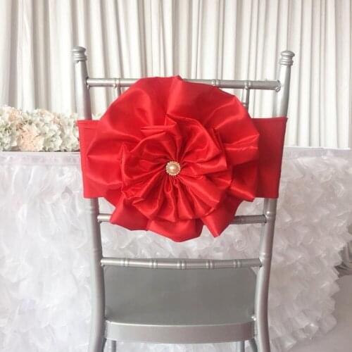 Hot Sale 100PCS Red Miracle Taffeta Big Flower With Brooch Spandex Chair Band for Wedding Party