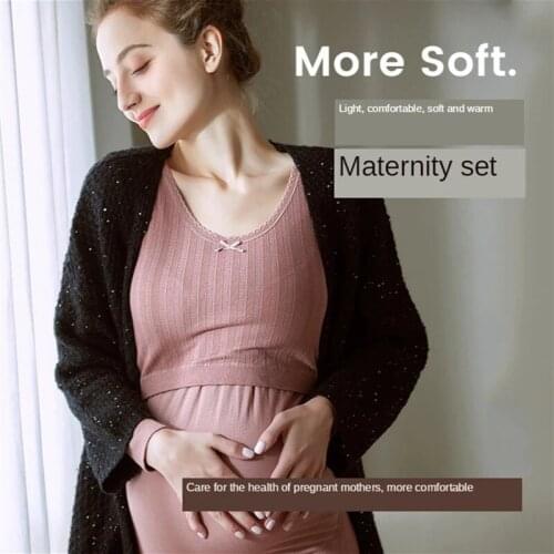 Cotton Pregnant Women Thermal Underwear Set Jersey Postpartum Nursing Pajamas Autumn Maternity Long Johns for Room Top+Pants
