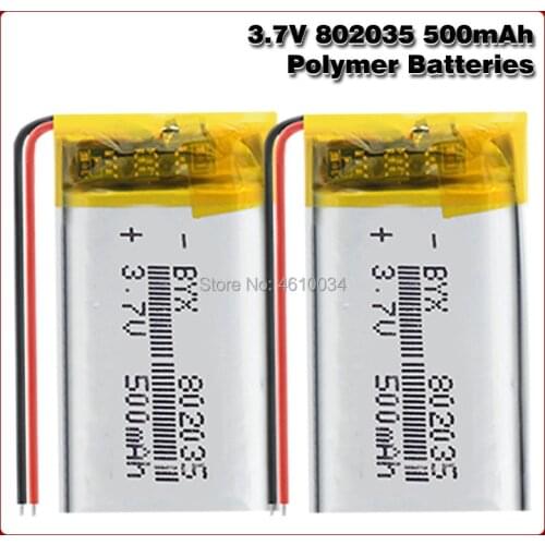 802035 3.7v 500mah lithium polymer battery 3 7V volt li po ion lipo rechargeable batteries for dvd GPS navigation
