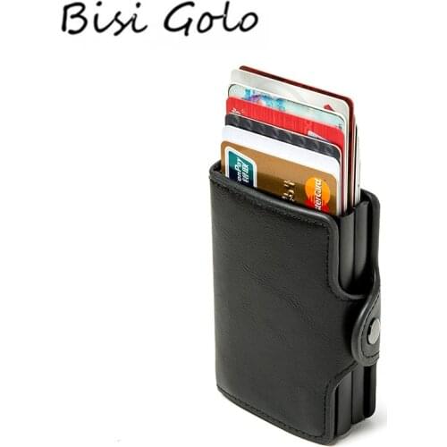 BISI GORO Double Boxes Card Holder RFID Blocking Anti-theft Smart Card Case PU Leather High Quality Metal Box Travel Money Bag