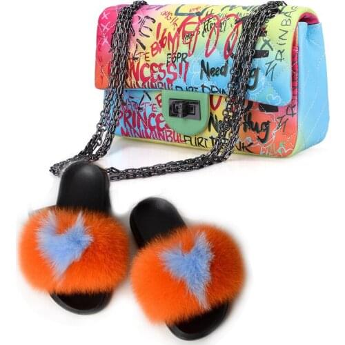 Women Quality Candy Graffiti Chain Handbag Collocation Amazing Fluffy Plush Fur Slippers Ladies Cosmetic Bag Fur Slides Set Hot