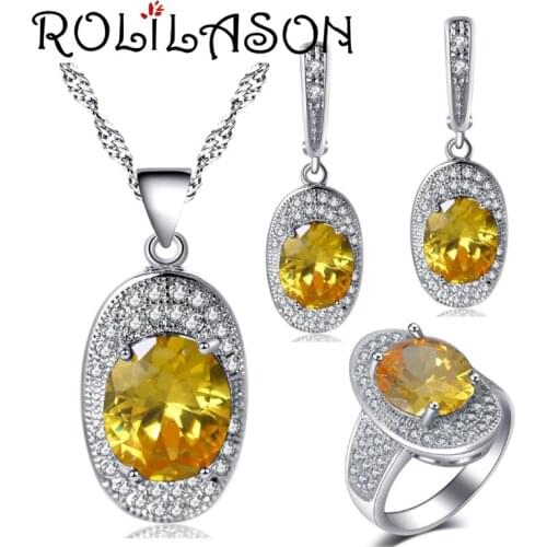 ROLILASON Silver ingots Yellow zircon for women Silver Earrings Necklace pendant rings jewelry Sets USA size #6#7#8#9#10 JS711