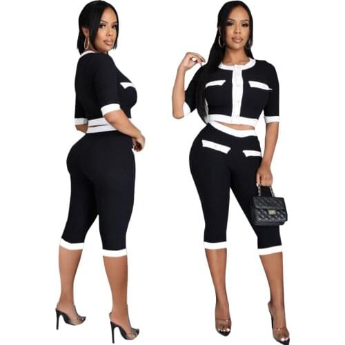 2021 New Product Classic Black White Fashion Office Lady Two Piece Outfits Women Knee Length Pants Sets French Style Top Tunic