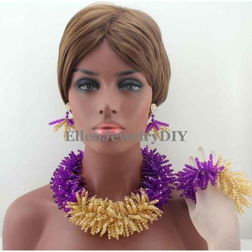 New Gothic Purple earrings Indian Statement Necklace Set African Nigerian Wedding Beads Crystal Jewelry Set Free Shipping W13437