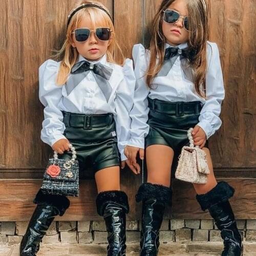 1-6Y Fashion Infant Baby Girls Clothes Sets Bowknot Collar Long Sleeve Single Breasted Shirts PU Leather Shorts