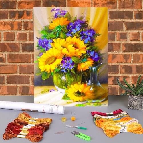 Sunflowers Flower Printed Fabric 11CT Cross-Stitch Full Kit Embroidery DMC Threads Hobby Handmade Sewing Knitting Adults