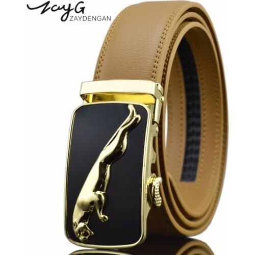 ZAYG Mens High Quality Leopard Belt Luxury Black Yellow Leather Belts Men Sliding Ratchet Automatic Buckle Fashion Classic Belt