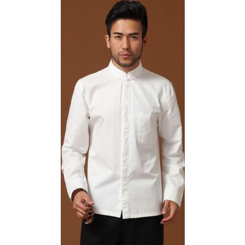 White Mens Cotton Long sleeve Kung Fu Shirt Classic Chinese Style Embroider Tang Clothing Size S-XXXL hombre Camisa Mim 020628