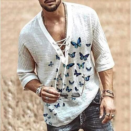 Men Butterfly Print Shirts Summer Casual Lace Up Bandage Shirt Blouses Tie-in Sleeves Shirt Male Clothing Top Camisa Hombre 2021