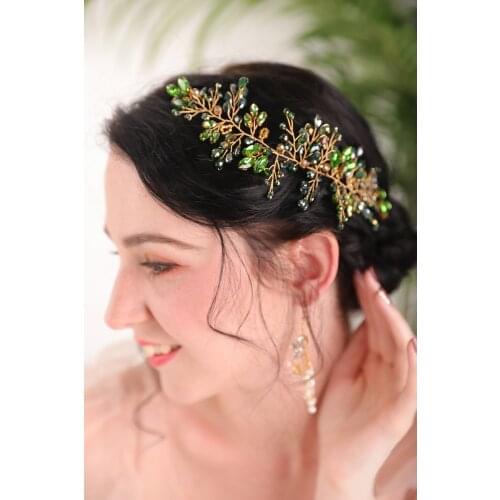 Vintage Green Handmade Bride Wedding Headband crystal Hair Accessories Woodland Banquet party Hair band Chic Headwear for women