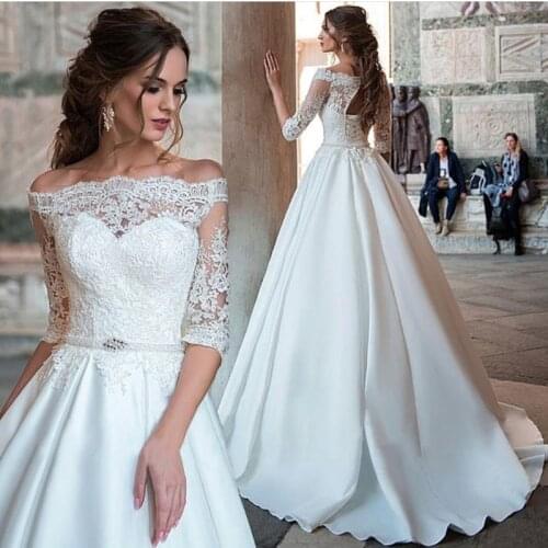 Vintage Lace Half Sleeve Off the Shoulder Wedding Dress Turkey Wedding Gowns vestido de noiva Simple Satin Bride Dress