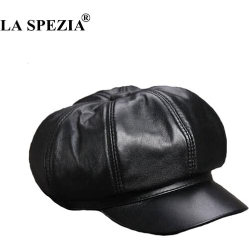 LA SPEZIA Black Newsboy Cap Women Genuine Leather Caps Casual Octagonal Hat Sheepskin Natural Leather Female Luxury Caps Autumn