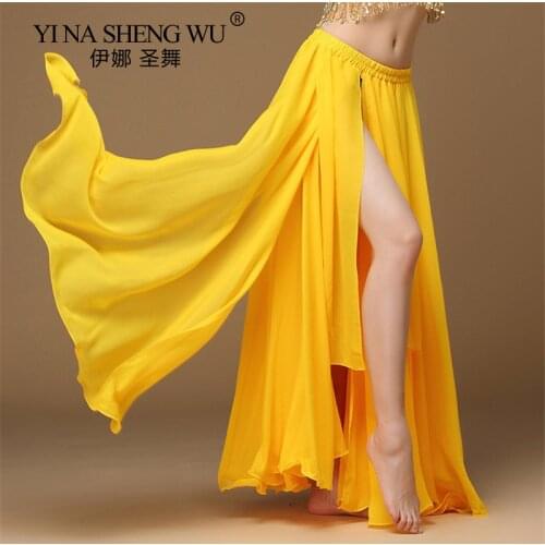 Women Belly Dance Skirt Solid Color Oriental Dance High Waist India Bollywood Unilateral Practice Split Belly Dance Long Skirt