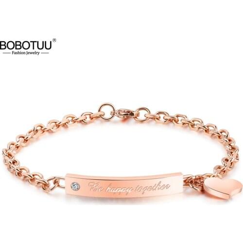 BOBOTUU Romantic Titanium Steel Love Tag Bracelets Bangles Electroplated Rose Gold Color Female Chain Bracelet Jewelry BB18198