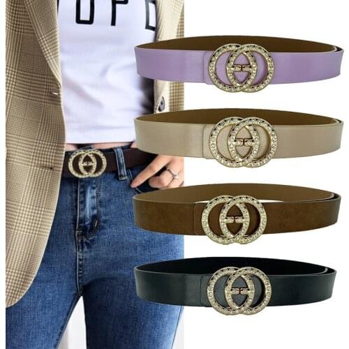 Double Ring Round Buckle Women Belt Rhinestone Diamand Leather Luxury Shinny Girdle Jeans Dress Waist Band Ceinture Femme