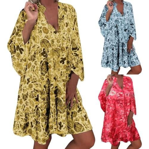 Womens Autumn New Fashion Dress All-match Casual Printing Button Long-sleeved Shirt Dress Loose V-neck Holiday Dress 2021 New