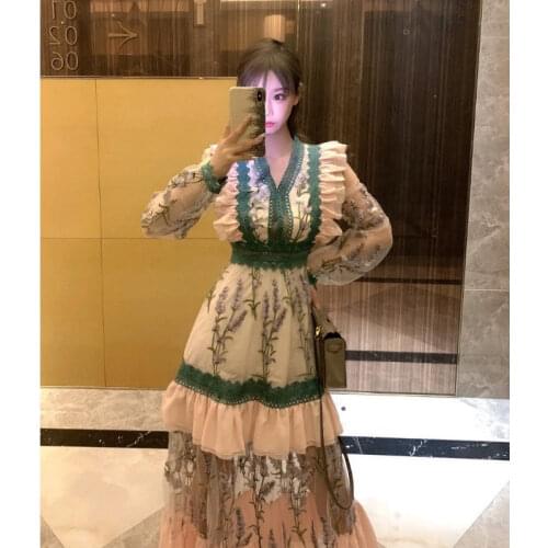 French V-Neck Palace Style Dress Female Embroidery Stitching Retro Long Dress Bohemia Fashion Hollow Out Mesh Vestidos y1533