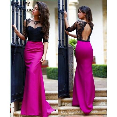 2020 Sexy Arrival Formal Pink And Black Evening Scoop None Trumpet Half Floor-length Satin Natural Regular Simple Robe De Soiree