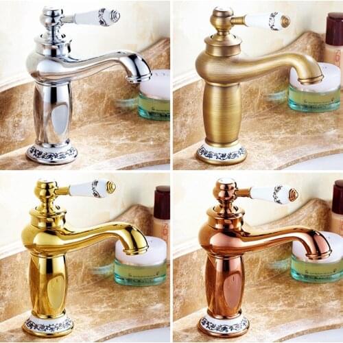 Gold Basin Sink Taps Deck Mounted Single Handle Bathroom Faucet Golden Ceramic Brass Washbasin Tap Bathroom Faucet