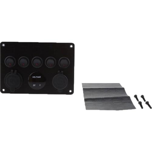 5 Gang On-Off Toggle Switch Multi-Functions Red LED Dual USB Port Charger Voltmeter for Boat Marine Auto