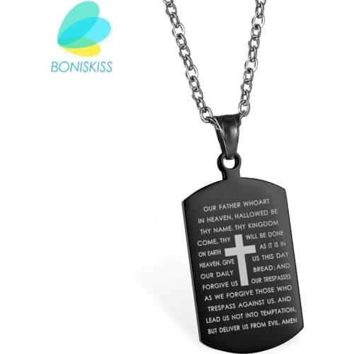 Boniskiss Cross Necklaces Pendants Christian Jewelry Bible Lords Prayer Dog Tags Stainless Steel Necklace For Men Christmas Gift