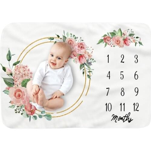 Baby Monthly Record Growth Milestone Blanket Newborn Soft Flannel Floral Printed Swaddle Wrap Photography Props Props