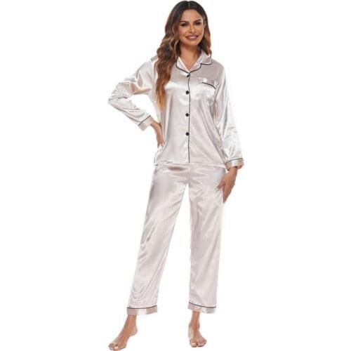 Home Wear Pajamas Womens Fashion Two-piece Solid Color Simple Long-sleeved Top And Trousers All-match Wm