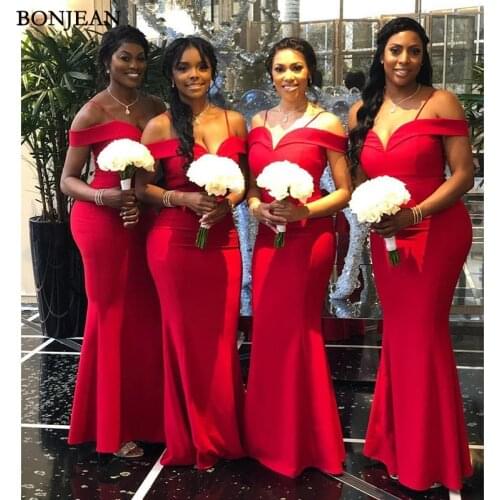 Elegant Off The Shoulder Bridesmaid Dresses Mermaid Red Satin South Africa Style Maid Of Honor Wedding Guest Gown Custom Made