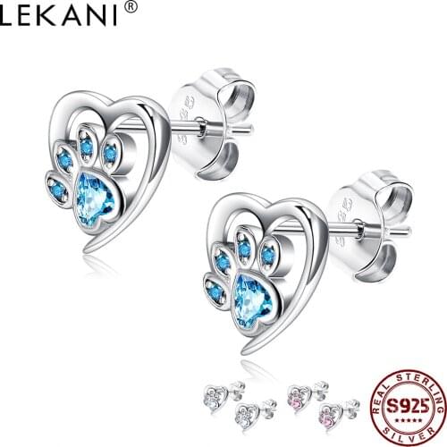 LEKANI Animal Paw Cute Earrings For Women 925 Sterling Silver Heart Shape Blue Cubic Zirconia Stud Earring Anniversary Jewelry