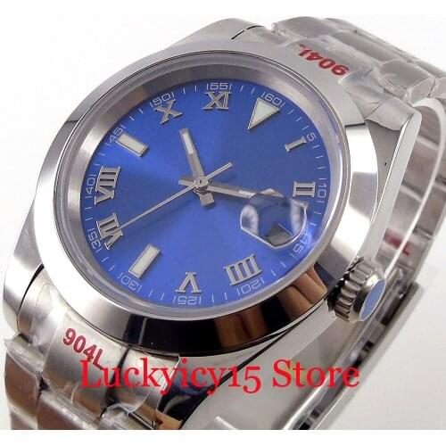 BLIGER Blue Men Watch 21 Jewels MIYOTA 8215 Movement Brushed Oyster Strap Date Display Polished Case Luminous Marks Sapphire