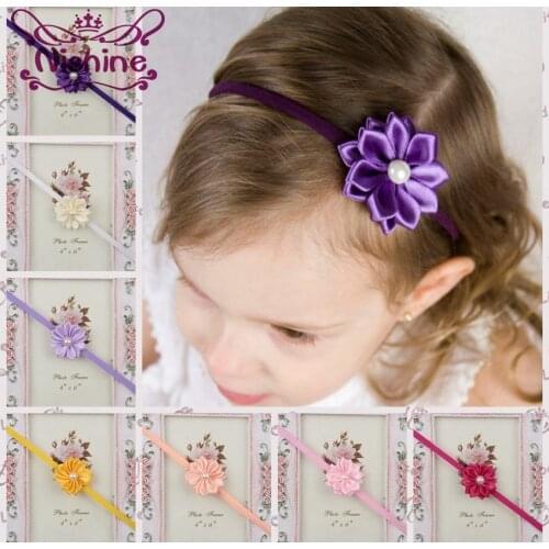 Nishine 17 Colors Mini Newborn Kids Girls Satin Ribbon Flower Headbands With Pearl Center Photography Props Hair Accessories